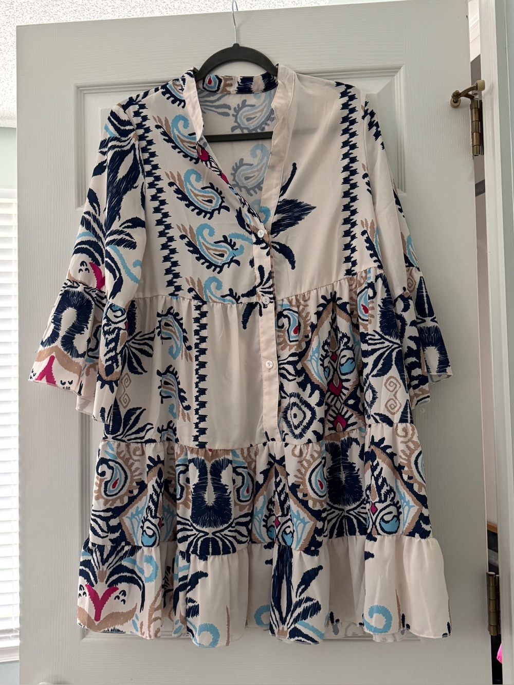 SHEIN Cream Tiered Button-Front Dress with Navy, Light Blue & Pink Print